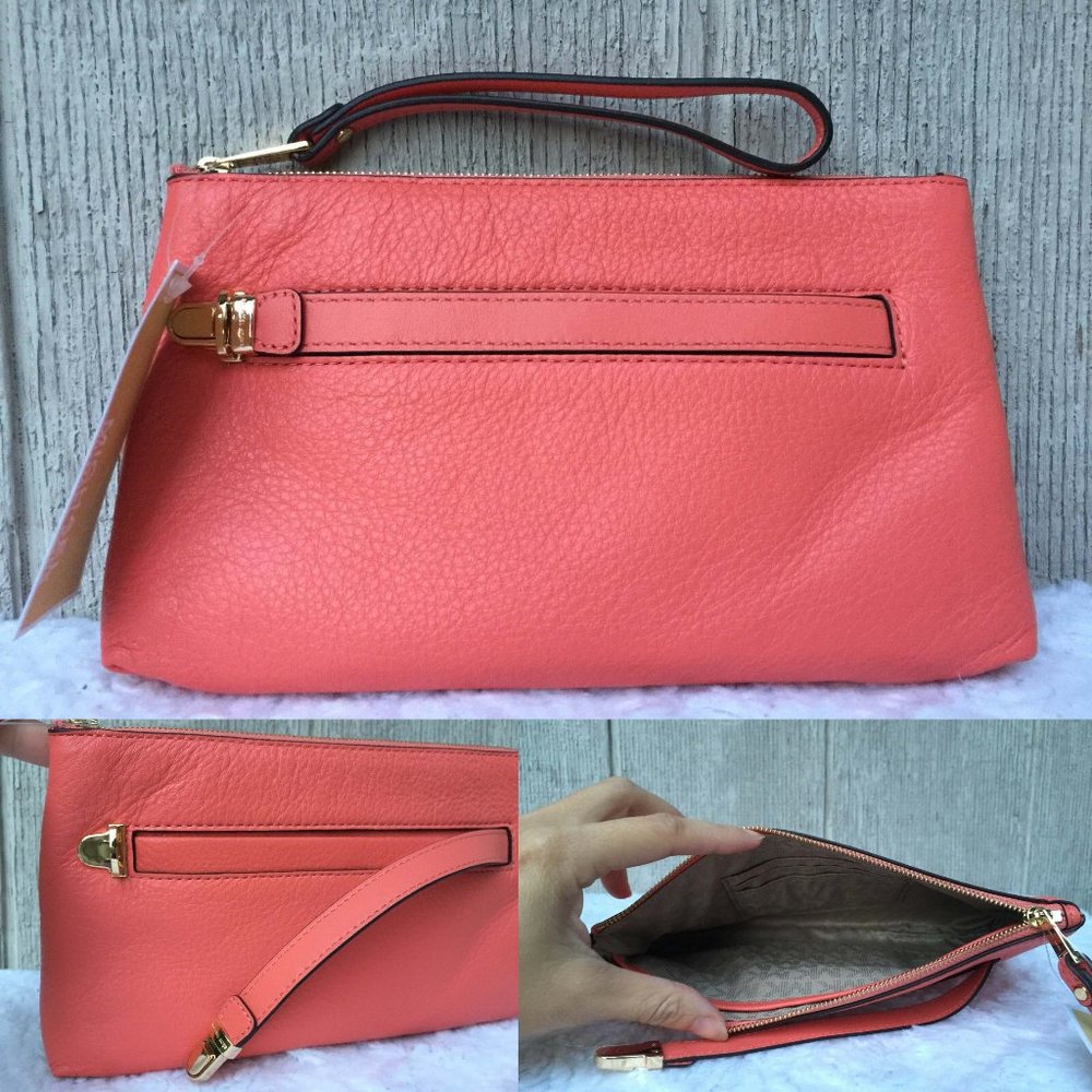 NEW Michael Kors Charlton Medium Soft Leather Wristlet Wallet PEACH Gold Color